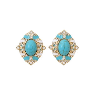 Boucles d'oreilles vintage turquoise, cadre doré, émail bleu et cristaux brillants