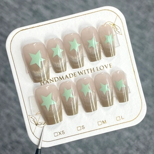 Handmade Coffin Press On Nails Cat Eye Gradient Brown Green Star Pattern French Fresh Design Fake Nails For Women
