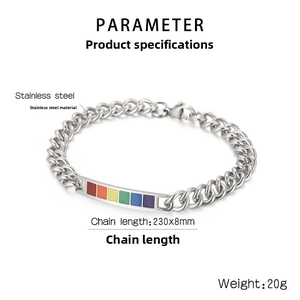 Detailed view of rainbow stainless steel bracelet with dimensions 230x8mm and weight 20g