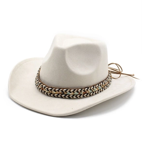 Detail view of beige suede cowboy hat with ethnic woven band and side-curled wide brim