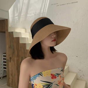 Elegant khaki straw sun hat for women with wide brim and black ribbon bow decoration