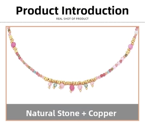 Close-up of bohemian beaded necklace with natural stones and copper accents