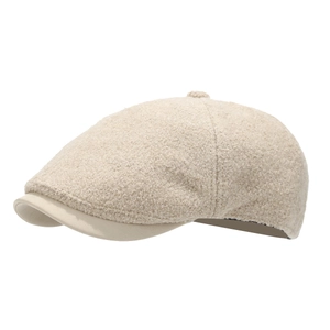 Beige Schirmmütze aus Teddyfell mit Kunstleder-Schirm für Herren und Damen
