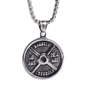 Vintage silver barbell plate pendant necklace with realistic 45 LBS gym engraving detail
