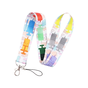 Cartoon doctor themed lanyard with colorful syringe patterns and silver metal clasp