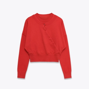 Women Red Knit Sweater Asymmetrical Button Round Neck Long Sleeve Cropped Chic Pullover Top Polyester Acrylic