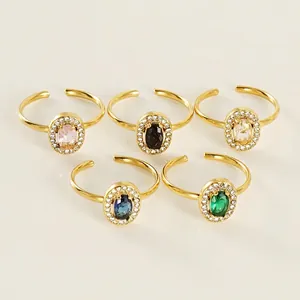 Oval Zircon Adjustable Ring 18K Gold Plated Stainless Steel Double Layer Luxury Halo Open Finger Jewelry For Women