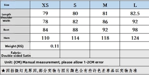 Size chart for lace satin top showing XS to L dimensions in CM for casual fashion wear