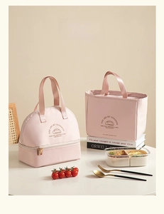 Dual rose pink insulated lunch bags featuring high-capacity double layers and thick aluminum lining