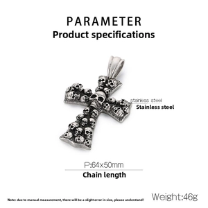 Detail shot of antique silver skull cross pendant in stainless steel, 64x50mm size