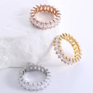 Minimalist stainless steel ring with emerald cut zircon in gold, rose gold and silver