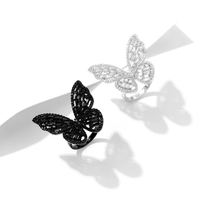 Elegant butterfly open rings set in black and silver finishes with zircon inlay