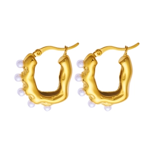 Vintage 18k gold plated stainless steel geometric hoop earrings with pearls