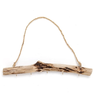 Natural driftwood wall rack with five golden hooks and rustic hemp rope hanger