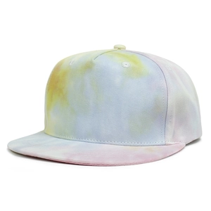 Close-up of colorful tie-dye patterns on flat brim snapback baseball cap crown