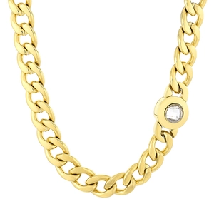 13mm gold Cuban link stainless steel necklace with a round clear gemstone pendant