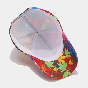 Internal view of colorful maple leaf baseball cap showing sweatband and seam detail