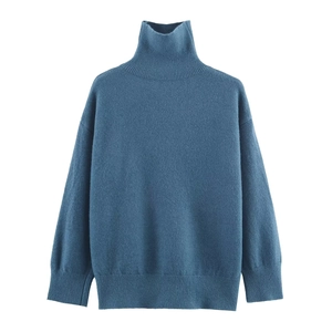 Women's minimalist navy blue turtleneck knitted sweater with loose fit and ribbed cuffs