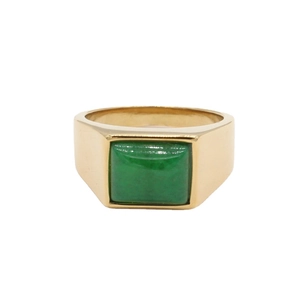 Men's gold stainless steel ring with a rectangular green emerald gemstone center