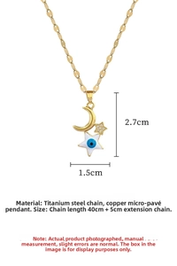Detail of titanium steel necklace with gold moon and blue evil eye pendant dimensions