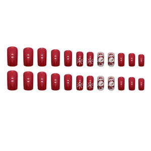 Sparkly aurora red snowman press-on nails with white snowflakes and long square shape