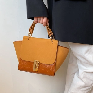 Retro mustard yellow and brown crocodile texture wing handbag with gold lock