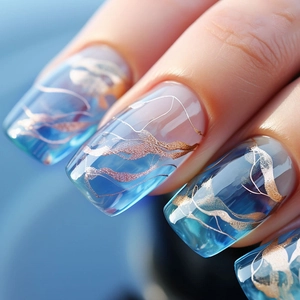 Blue And White Gradient Press On Nails With Gold Foil Smudging Ice Through Glossy False Nails For Women