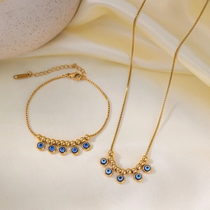 Collana Bracciale Cavigliera in Acciaio Inossidabile Malocchio per Donna Placcato Oro 18K Occhio Blu Strass Gioielli Catena a Box