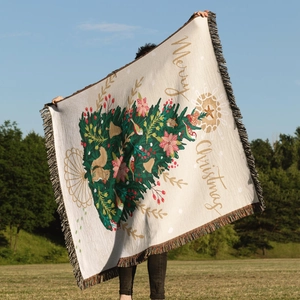 Bohemian Christmas tree woven throw blanket with fringe for outdoor picnic and sofa decor