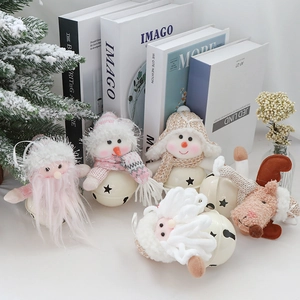 Plush Santa and reindeer metal bells hanging ornaments for Christmas tree decoration