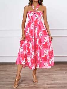 Vue détaillée de la robe dos nu rose avec imprimé fleuri abstrait et détails en dentelle