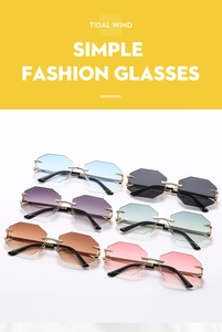 Multiple color options for rimless octagonal sunglasses with gradient lenses and gold frames