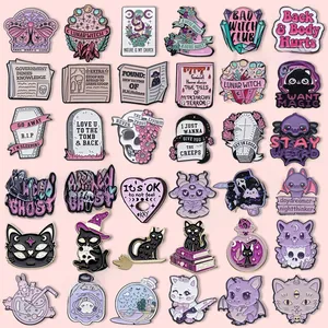Set of 36 gothic enamel pins with Halloween black cat and magic potion bottle motifs