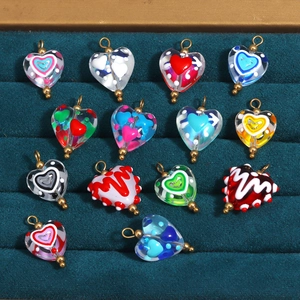 Colorful heart-shaped glass bead charms with gold loops for DIY jewelry making