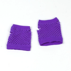 Detail of purple fishnet gloves showing the elastic mesh structure and knitted texture