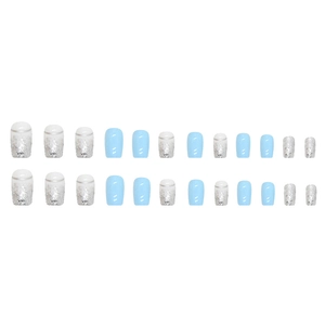 Blue and silver glitter square press-on nails with 24 pieces of various designs