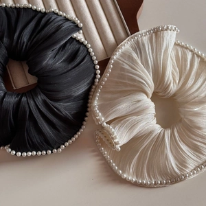 Elegant large scrunchies with pearl trim in black and cream satin fabric finish