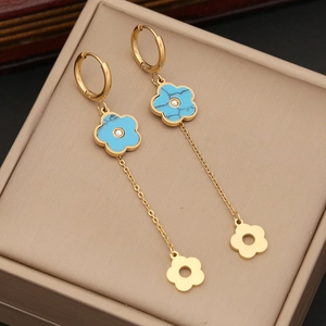 Long gold tassel earrings with blue turquoise-style flowers and hollow floral charms