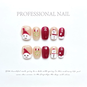 Handmade Christmas press-on nails set featuring red glossy finish with hand-painted snowman