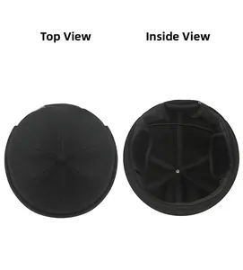 Detailed view of black docker hat showing top button stitching and inner sweatband