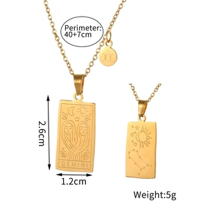Detailed view of Gemini tarot necklace dimensions with adjustable chain and gold finish
