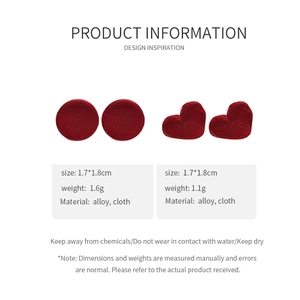 Detail view of burgundy cloth heart and round earrings with size and weight specifications