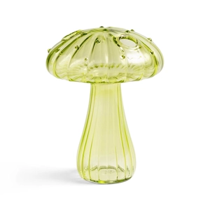 Translucent yellow-green mushroom-shaped glass vase with vertical textures for home decor