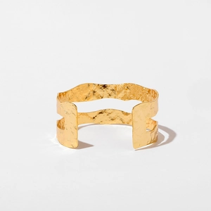 Double-layered 18K gold plated cuff bracelet with irregular hammered texture and open design