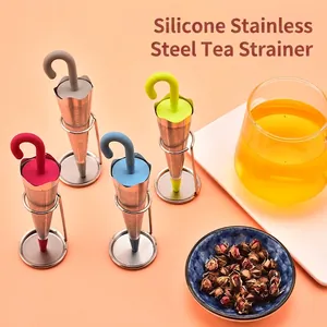 Creative umbrella-shaped stainless steel tea infusers in multiple colors with stand