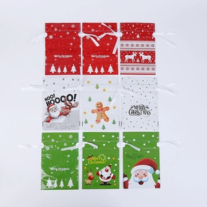 Detail view of 9 Christmas drawstring gift bags with Santa and reindeer patterns