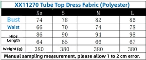 Size chart detail for strapless pleated mini dress with precise measurements in cm