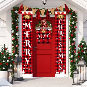 Detail of red and black buffalo plaid Christmas porch banners with Merry Christmas text