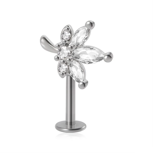 Silver crown flower 16G labret stud with marquise zircon stones and steel bar
