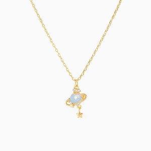 Elegant gold Saturn planet necklace with light blue stone pendant and star charm